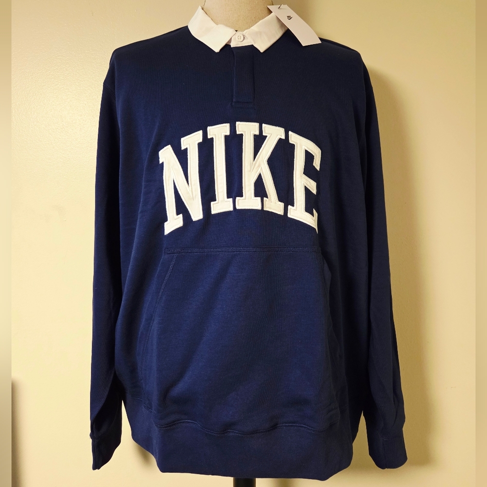 NIKE Club Fleece Polo Rugby Shirt Navy Blue White Long Sleeve Logo Men's XXL NWT